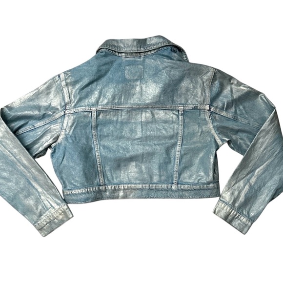 AE Cropped Blue Jean Jacket with Silver Metallic Spray. Sizes Large & XL. NWT - Picture 2 of 3
